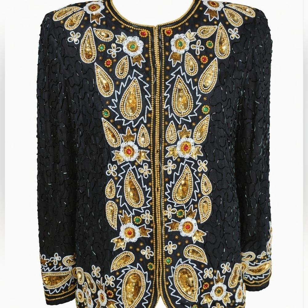 Laurence Kazar Vintage 80s Silk‎ Beaded Sequin Blazer Jacket Cardigan Medium
